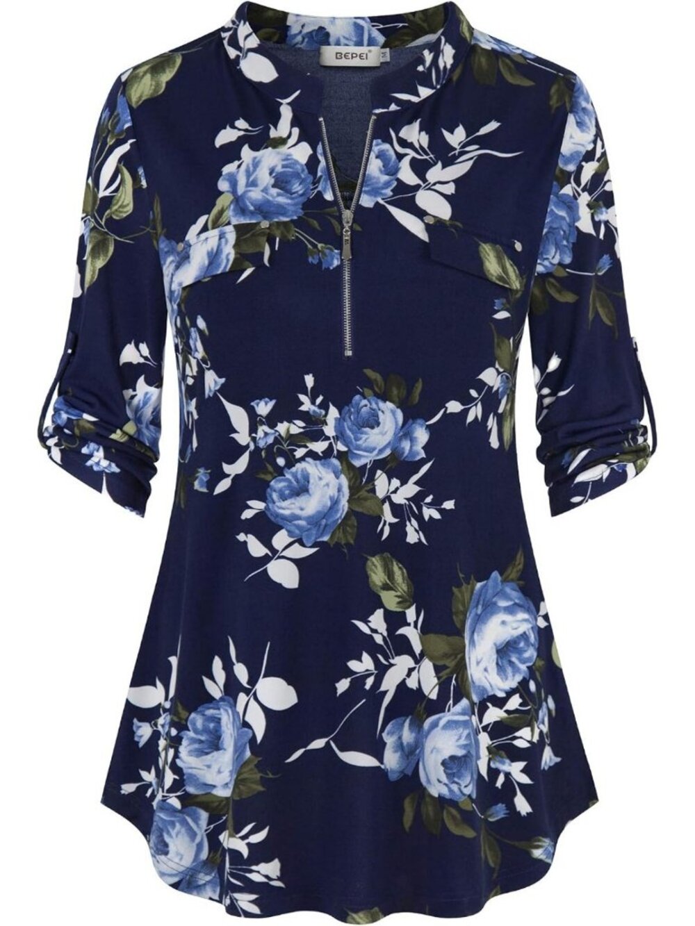 Floral 3/4 Sleeve Zip-Up V-Neck Blouse for Women - Stylish Office Top
